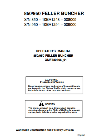 JOHN DEERES 950, 850 (50 SERIES) FORESTRY Knuckleboom Loader OPERATOR MANUAL - OMF380406