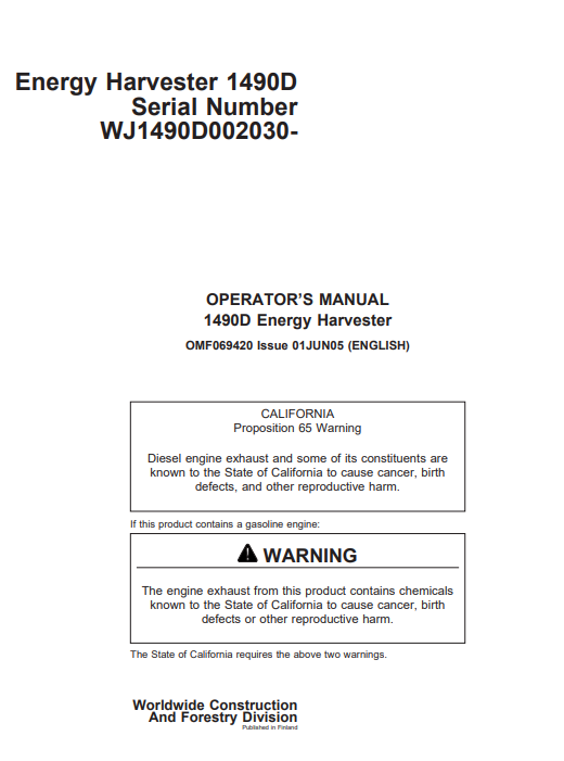 JOHN DEERE 1490D (D SERIES_JOHN DEERE MODELS) FORESTRY Energy Technology OPERATOR MANUAL - OMF069420