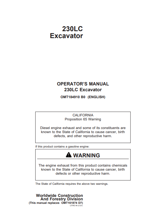 JOHN DEERE 230LC (METRIC) Construction Excavators OPERATOR MANUAL - OMT184910