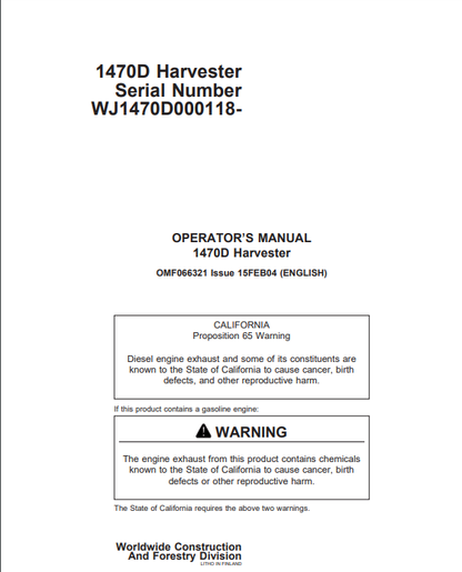 JOHN DEERE 1470D (D SERIES_JOHN DEERE MODELS) FORESTRY Wheeled Harvesters OPERATOR MANUAL - OMF066321