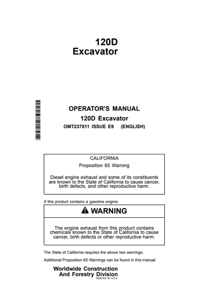 JOHN DEERE 120D (G SERIES) Construction Excavators OPERATOR MANUAL - OMT237811