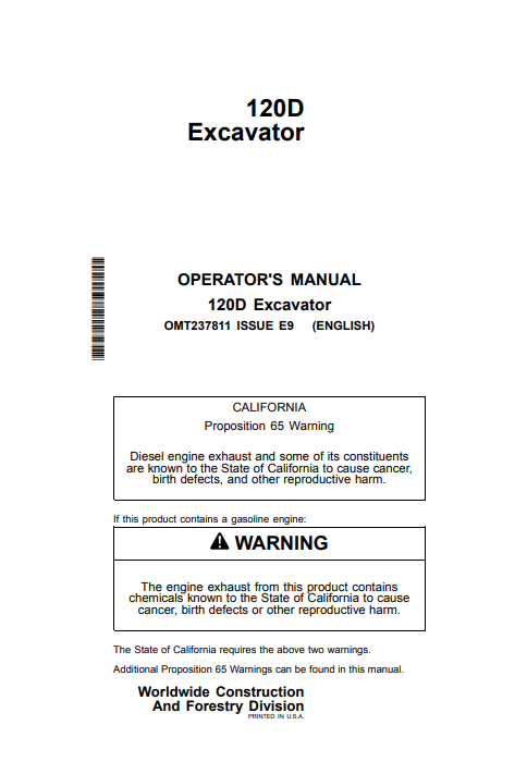 JOHN DEERE 120D (G SERIES) Construction Excavators OPERATOR MANUAL - OMT237811