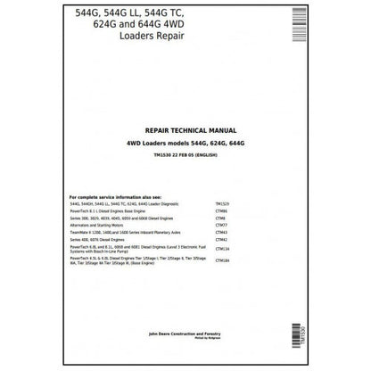 SERVICE REPAIR TECHNICAL MANUAL - JOHN DEERE 544G LL,4WD LOADER TM1530 