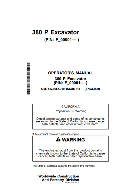 OPERATOR MANUAL - JOHN DEERE 380 P Construction Excavators OMT453665X019_