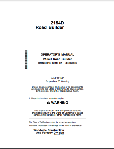 OMT231416 - JOHN DEERE 2154D (D SERIES) Forestry Road Builders OPERATOR MANUAL