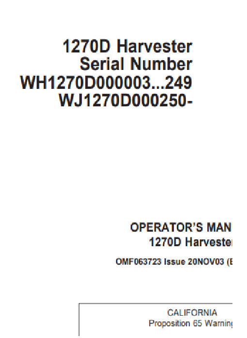 JOHN DEERE 1270D (D SERIES_TIMBERJACK MODELS) FORESTRY Wheeled Harvesters OPERATOR MANUAL - OMF063723_