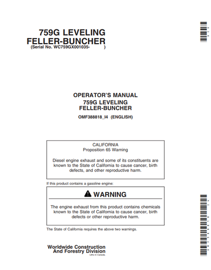 JOHN DEERE 759G (G SERIES) Forestry Tracked Feller Bunchers OPERATOR MANUAL - OMF388818