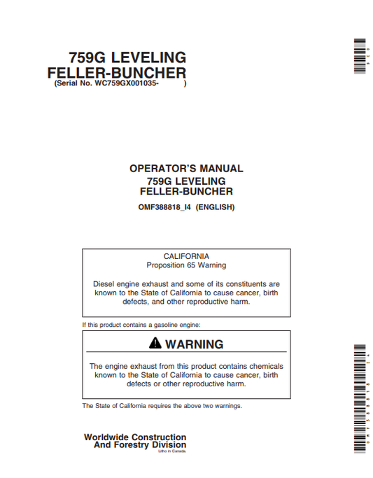 JOHN DEERE 759G (G SERIES) Forestry Tracked Feller Bunchers OPERATOR MANUAL - OMF388818