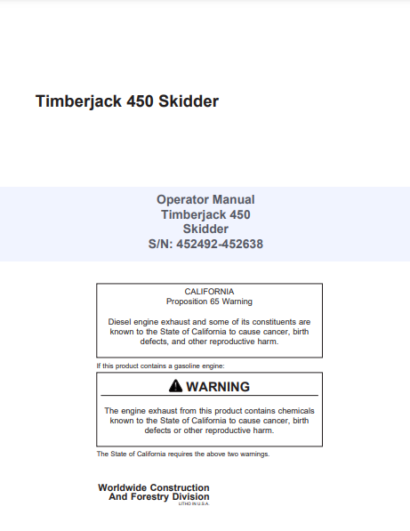 8044710 - JOHN DEERE TIMBERJACK 450A (A SERIES) FORESTRY SKIDDERE OPERATOR MANUAL