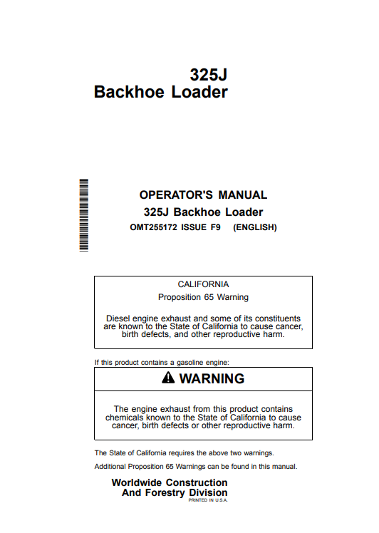 JOHN DEERE 325J (J SERIES) Construction Backhoe Loaders OPERATOR MANUAL - OMT255172