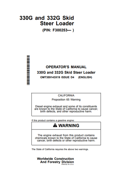 OPERATOR MANUAL - JOHN DEERE 330G, 332G Construction Skid Steers- OMT359143X19_64