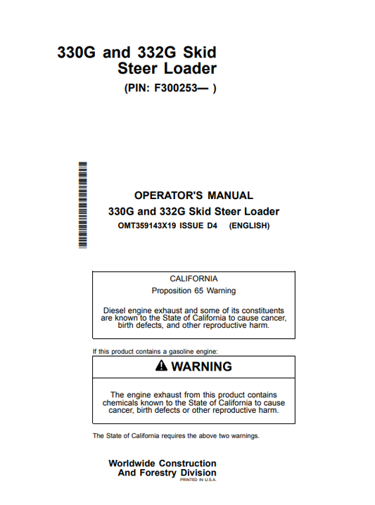 OPERATOR MANUAL - JOHN DEERE 330G, 332G Construction Skid Steers- OMT359143X19_64