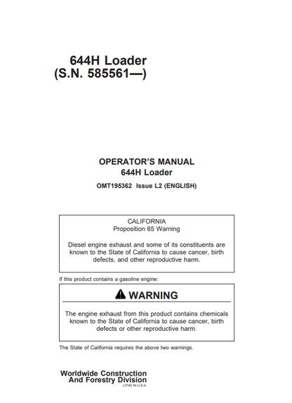 JOHN DEERE 644H, 644HMH (H SERIES) Construction Loaders OPERATOR MANUAL - OMT195362_