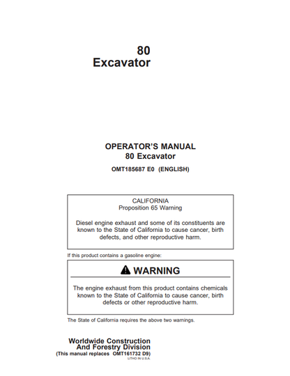 OHN DEERE 80 (METRIC) Construction Excavators OPERATOR MANUAL -OMT185687_