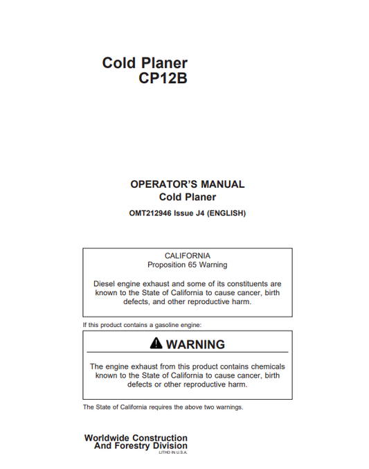 JOHN DEERE CP12B (B SERIES) Construction Attachments OPERATOR MANUAL - OMT212946_