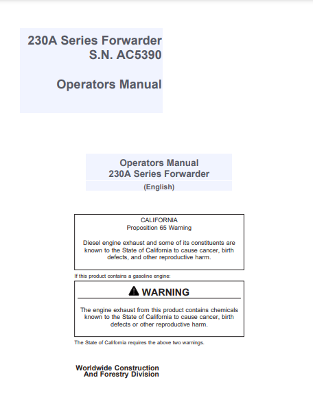 AC5390 - JOHN DEERE 230A (A SERIES) Forestry Forwarders OPERATOR MANUAL