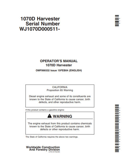 JOHN DEERE 1070D (D SERIES_JOHN DEERE MODELS) FORESTRY Wheeled Harvesters OPERATOR MANUAL - OMF066532_