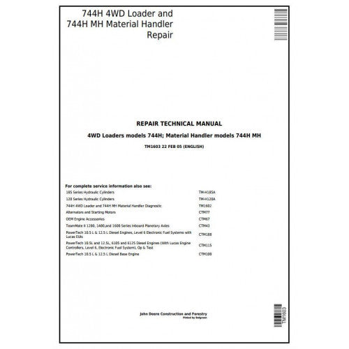 SERVICE REPAIR TECHNICAL MANUAL - JOHN DEERE 744H 4WD LOADER AND 744H MH MATERIAL HANDLER TM1603