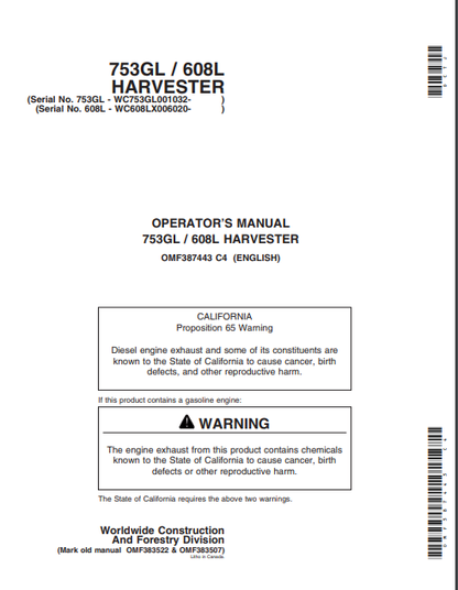 JOHN DEERE 753GL, 608L (G SERIES, 608 SERIES) Forestry Tracked Harvesters  OPERATOR MANUAL - OMF387443