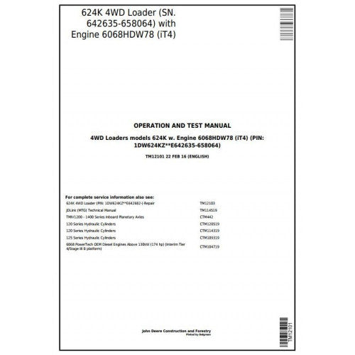 DIAGNOSTIC SERVICE MANUAL - JOHN DEERE 624K 4WD LOADER (SN.642635-658064) W.ENGINE 6068HDW78 TM12101 