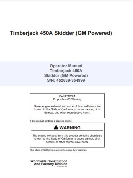 8044711 - JOHN DEERE TIMBERJACK 450A (A SERIES) FORESTRY SKIDDERE OPERATOR MANUAL