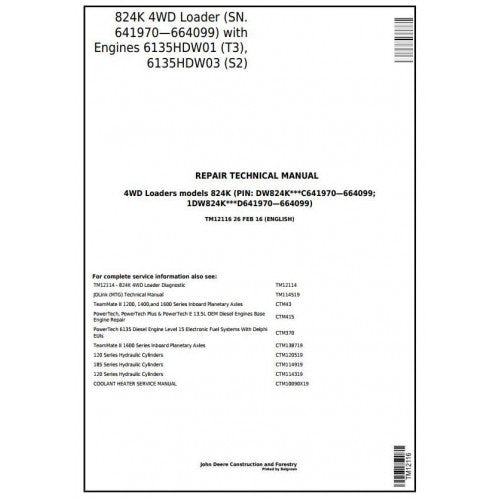 SERVICE REPAIR TECHNICAL MANUAL - JOHN DEERE 824K 4WD LOADER (SN.641970—664099) W.T3/S2 ENGINES TM12116