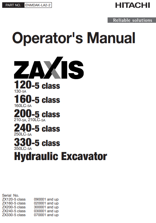 JOHN DEERE ZAXIS210-5A, ZAXIS210LC-5A, ZAXIS350LC-5A (ZAXIS-5 SERIES) Hitachi Excavators OPERATOR MANUAL - ENMDAKLA22