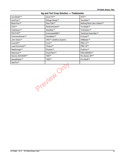 JOHN DEERE RT1025A ROTARY TILLER PC16386 - PARTS CATALOG MANUAL