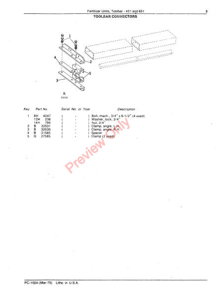 JOHN DEERE 451, 651 TOOLBAR FERTILIZER UNITS PC1024 - PARTS CATALOG MANUAL