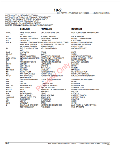 JOHN DEERE 4500 ROTARY HARVESTING UNIT PC4369 - PARTS CATALOG MANUAL