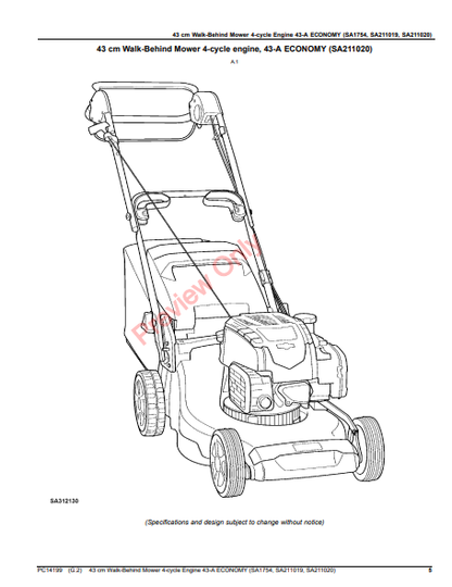 JOHN DEERE 43CM WALK-BEHIND MOWER 4-CYCLE ENGINE,43-A ECONOMY (SA1754, SA211019) PC14199 - PARTS CATALOG MANUAL