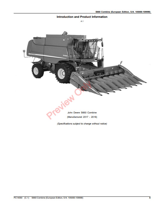 JOHN DEERE S660 COMBINE (EUROPEAN EDITION) PC14050 - PARTS CATALOG MANUAL