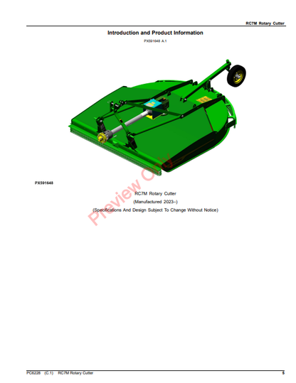 JOHN DEERE RC7M ROTARY CUTTER PC6228 - PARTS CATALOG MANUAL