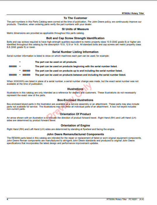 JOHN DEERE RT5026J ROTARY TILLER PC16201 - PARTS CATALOG MANUAL