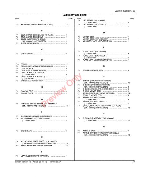 JOHN DEERE 46 ROTARY MOWER - TRACTOR MOUNTED PC1028 - PARTS CATALOG MANUAL