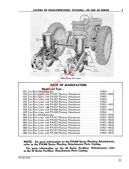 JOHN DEERE 450, 460 SERIES LISTERS OR MIDDLEBREAKERS-INTEGRAL PC354 - PARTS CATALOG MANUAL