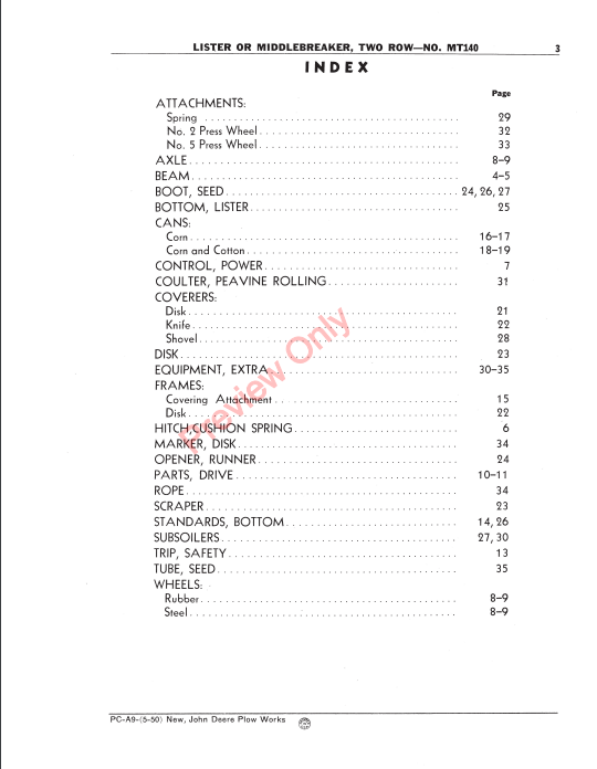 JOHN DEERE MT140 TWO-ROW LISTER OR MIDDLEBREAKER PCA9 - PARTS CATALOG MANUAL