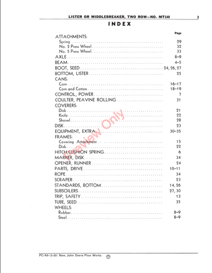 JOHN DEERE MT140 TWO-ROW LISTER OR MIDDLEBREAKER PCA9 - PARTS CATALOG MANUAL