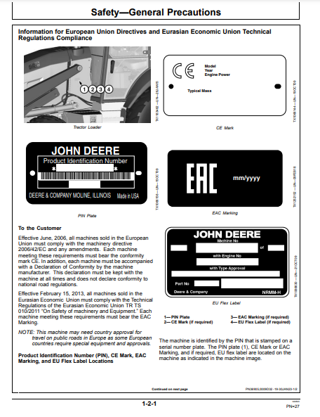 OPERATOR MANUAL - JOHN DEERE 210L EP Construction Tractor Loader OMT467849X01