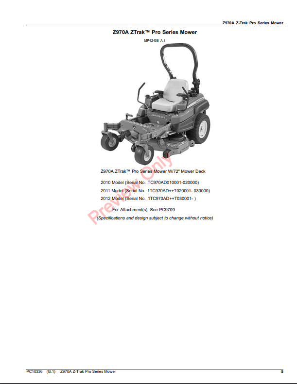 JOHN DEERE Z970R Z-TRAK PRO SERIES MOWER PC10336 - PARTS CATALOG MANUAL