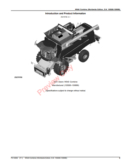 JOHN DEERE W540 COMBINE (WORLDWIDE EDITION, S.N. 105000-109999) PC14055 - PARTS CATALOG MANUAL