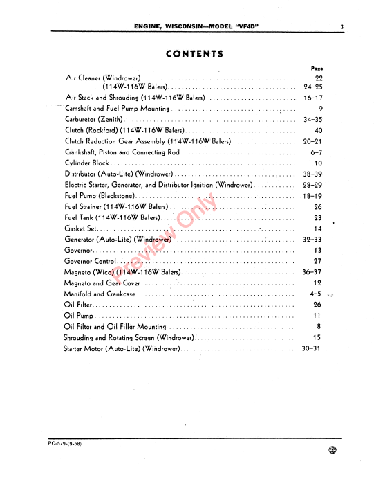 JOHN DEERE WISCONSIN ENGINE - MODEL VF4D PC579 - PARTS CATALOG MANUAL