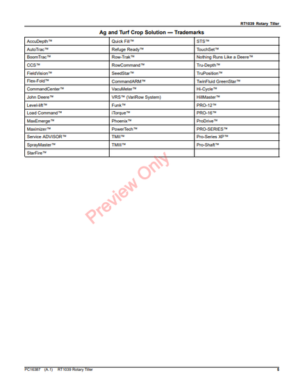 JOHN DEERE RT1039 ROTARY TILLER PC16387 - PARTS CATALOG MANUAL