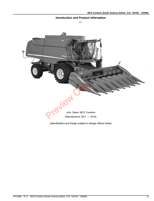 JOHN DEERE S670 COMBINE (SOUTH AMERICA EDITION) PC12956 - PARTS CATALOG MANUAL