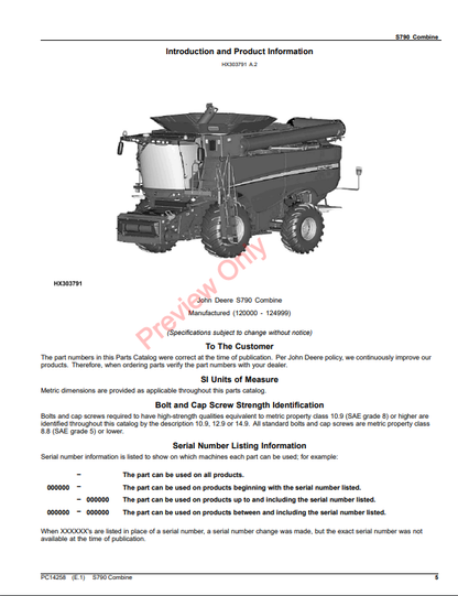 JOHN DEERE S790 COMBINE PC14258 - PARTS CATALOG MANUAL