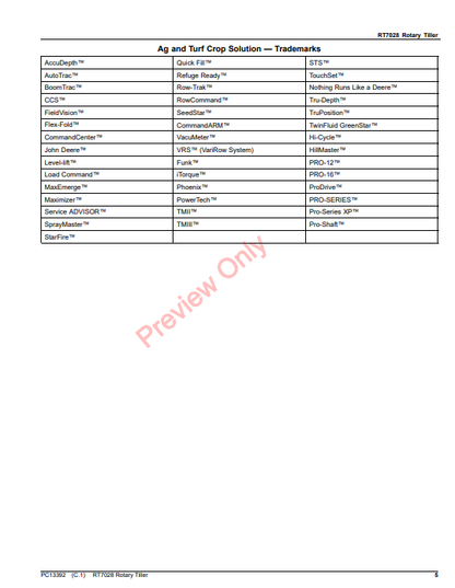 JOHN DEERE RT7028 ROTARY TILLER PC13392 - PARTS CATALOG MANUAL