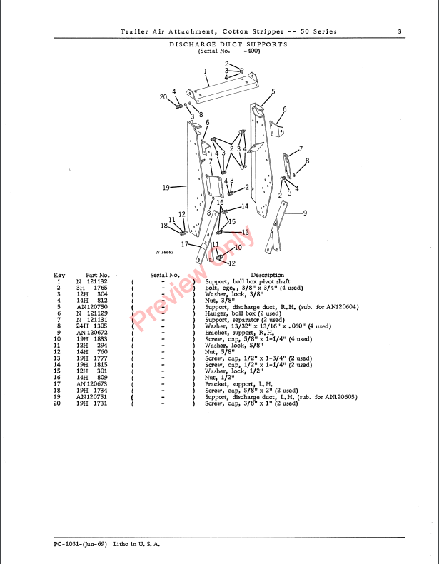 JOHN DEERE 50 SERIES COTTON STRIPPER TRAILER AIR ATTACHMENT PC1031 - PARTS CATALOG MANUAL