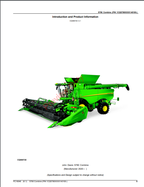 JOHN DEERE S780 COMBINE PC16064 - PARTS CATALOG MANUAL