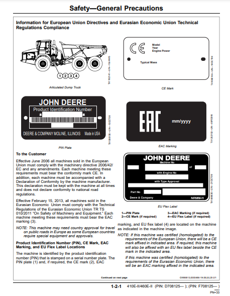 OPERATOR MANUAL - JOHN DEERE 410E-II,460E-II CONSTRUCTION ARTICULATED DUMP TRUCK OMT424947X19