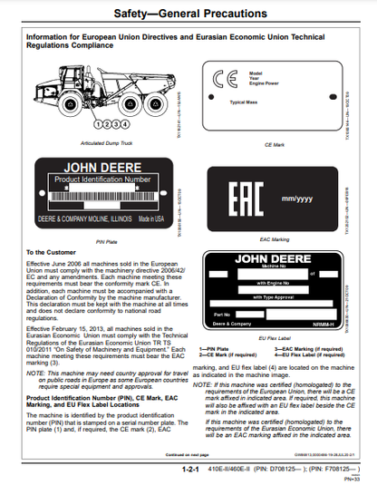 OPERATOR MANUAL - JOHN DEERE 410E-II,460E-II CONSTRUCTION ARTICULATED DUMP TRUCK OMT424947X19